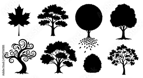 Nature  Environment: Black  White Tree, Leaf  Bush Silhouettes Vector Set