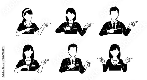 Business Professionals Pointing Directions Black and White Line Art Vector Icon Set
