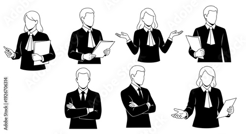 Legal Industry Professional Figures Black White Line Art Vector Set