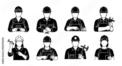 Construction, Engineering  Trades Workers Icon Set - Black  White Glyphs