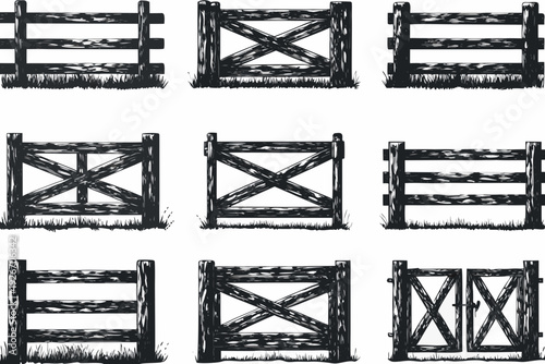 A collection of nine black and white rustic wooden gate designs