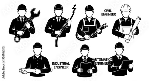 Black and White Silhouette Vector Icons of Engineers and Industrial Workers with Tools