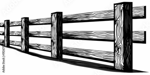 A black and white illustration of a wooden post and rail fence