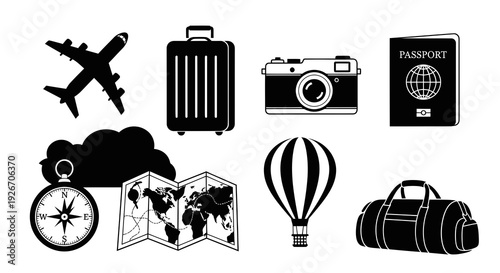 Travel and Tourism Glyph Icons Set. Black and White Flat Design Elements for Vacation