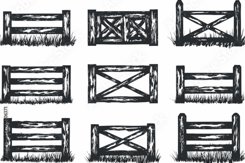 A collection of nine monochrome wooden fence gate illustrations