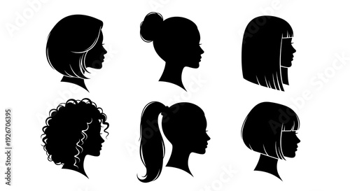 Beauty Industry: Female Hairstyles Silhouettes Vector Icons for Women's Profiles