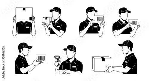 Black  White Line Art: Logistics Courier Scanning Barcode Packages for Delivery