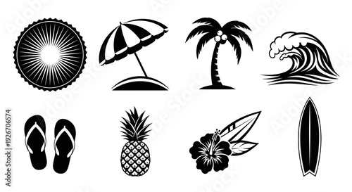 Tropical Summer Beach Vacation Icons Collection - Black  White Vector Glyphs