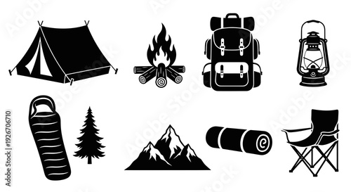 Black  White Glyph Icons Set for Camping, Outdoor Adventure, and Nature Activities