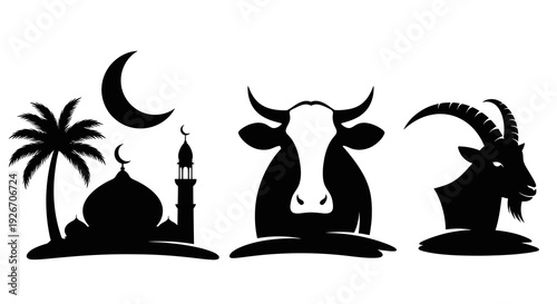 Eid al-Adha Islamic Celebration Symbols: Mosque, Cow, Goat Black Silhouettes