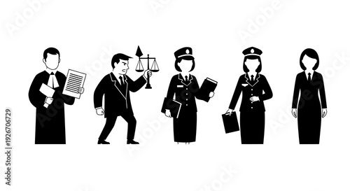 Legal Justice System Professionals Glyph Set - Judge, Lawyers, Police, Court Staff Black White