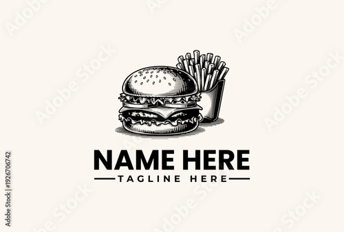 Black and white illustration of a hamburger with fries and a cup, accompanied by placeholder text for a logo or brand name on a plain background.
