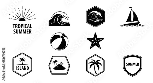 Tropical Summer Beach Vacation Icons Set - Black  White Glyph Travel Symbols