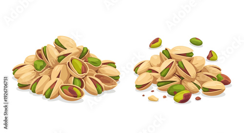 Piles of pistachios cracked and whole with scattered shells