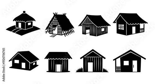 Architecture  Home Industry: Black White Glyph Icons of Traditional Houses  Huts