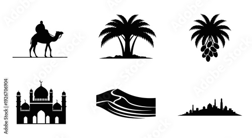 Arabian Desert and Islamic Culture Black  White Glyph Icons Set