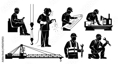 Industrial Construction Engineering Workers  Tradesmen Vector Black  White Icons Set
