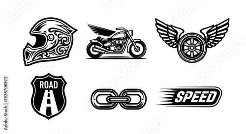 Automotive Motorcycling Black  White Vector Icons Set: Helmet, Bike, Speed  Road Emblems