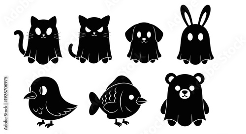 Cute Black and White Ghost Animals Vector Set for Halloween - Flat Cartoon Pet  Wildlife Icons
