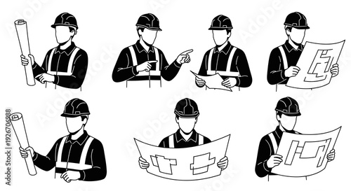 Construction and Engineering Architects with Blueprints - Black White Line Art Vector