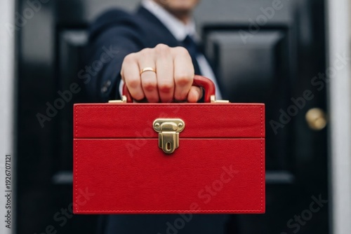  UK Chancellor holding a red budget briefcase outside Downing Street, British economy, finance and politics concept