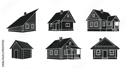 Rustic Housing Architecture: Black and White Silhouette Vector Icons of Homes