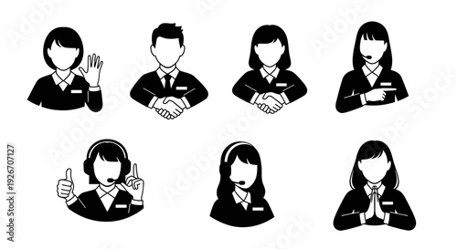 Business and Customer Service Professionals Icons Set - Black and White Flat Vector
