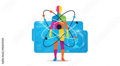 Ai doctor concept with human body and orbiting electron pathways