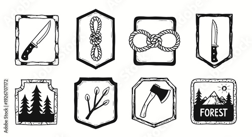 Hand-Drawn Outdoor Camping Survival Gear and Nature Emblems Line Art Set