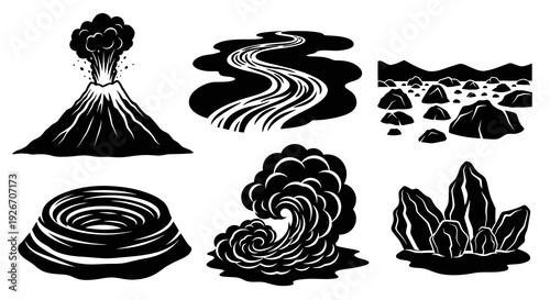 Nature  Geological Elements Glyph Icons Set: Black and White Silhouette Style
