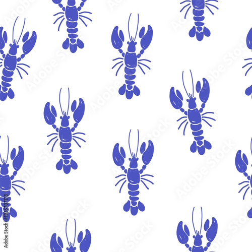 Hand draw lobster seamless pattern in vector format. Blue lobsters on light background.