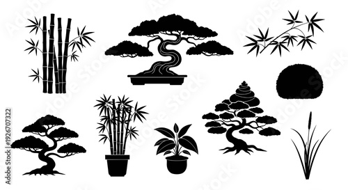 Asian Plants Gardening Silhouette Vector Icons Set - Bonsai, Bamboo, Nature Flora Glyphs
