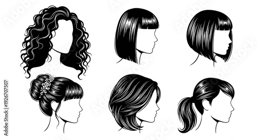 Fashion  Beauty: Women's Hairstyles Black  White Line Art Vector Silhouettes