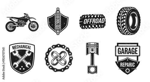Vintage Automotive Mechanical Repair Emblems Set - Monochrome Vector Badges  Icons