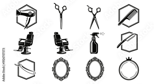 Barber Shop Hairdressing Tools  Equipment Black White Line Art Vector Icons