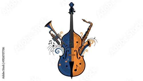 Cello with Musical Instruments and Notes.