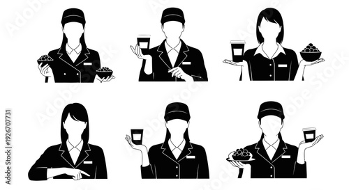 Black  White Glyph Vector: Female Food Service Staff, Barista, Waitress, Coffee, Berries