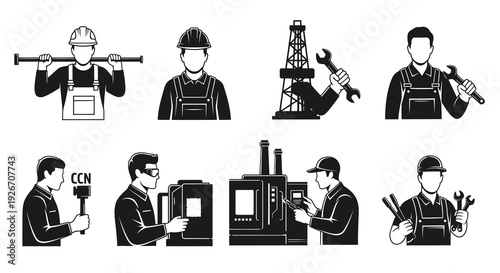Flat Black Icons of Industrial Workers, Engineering, Manufacturing  Construction Jobs