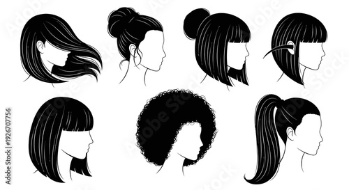 Diverse Women's Hairstyles Black  White Line Art Illustration for Beauty Fashion