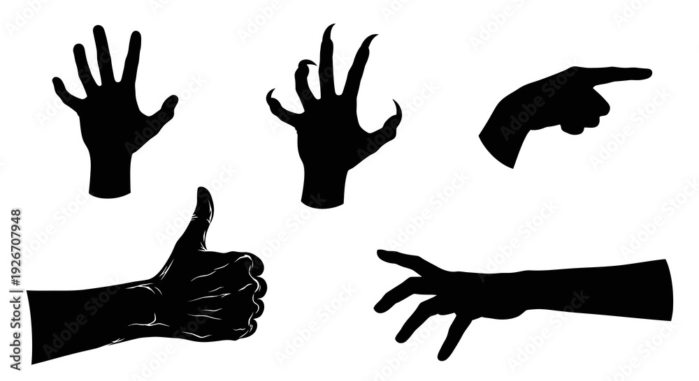 Obraz premium Variety of Hand Gestures and Monster Claws Silhouettes - Black White Vector Art