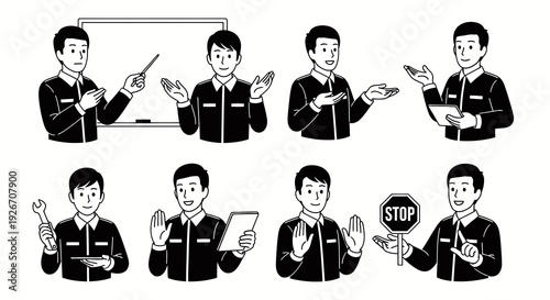 Black  White Line Art Business  Service Men: Presenting, Explaining, Technical Roles