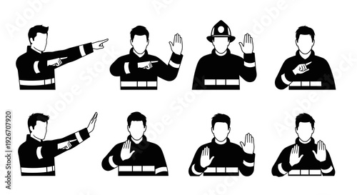 Firefighter Hand Gestures Glyph Icons Set for Emergency Services and Safety Instructions