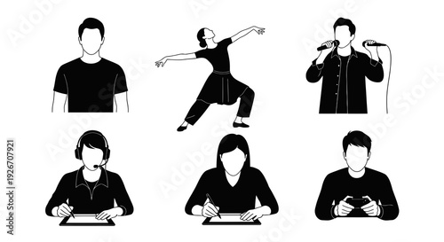 Diverse People Professions Hobbies Lifestyle Characters Minimalist Black White Line Art