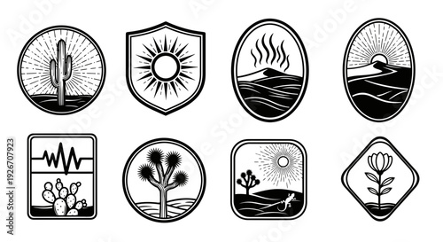 Black  White Desert Nature Badges Vector Set - Outdoor Wilderness Emblems