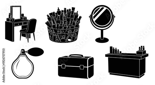 Beauty Cosmetics Personal Care Products  Tools Black White Line Art Glyphs Set