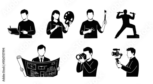 Creative Professions  Media People Black  White Silhouette Vector Icons Set