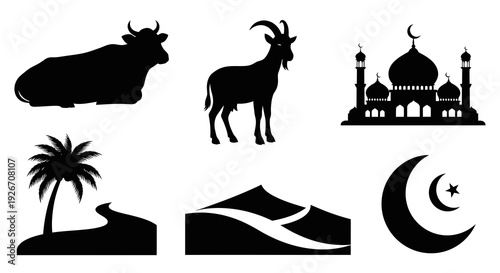 Islamic Eid al-Adha Black Glyph Symbols Set: Cow, Goat, Mosque, Crescent Moon Icons