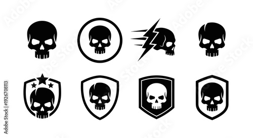 Black White Glyph Skull Icons Set - Danger Security Gaming Rebellion Vector Symbols