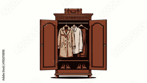 Brown Wardrobe with Coats and Shoes Inside.