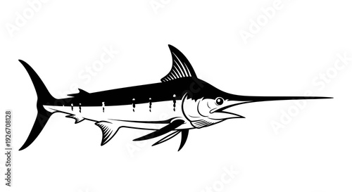 Fishing Sport Marlin Fish Black and White Line Art Silhouette Illustration Vector Graphic